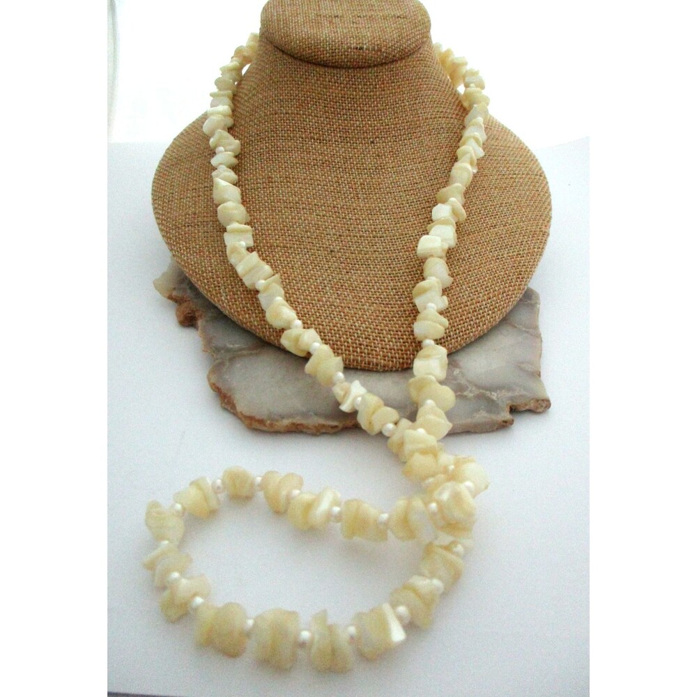 Vtg Abalone Mother of Pearl Beaded Necklace Nugget 32" Beach Cruise